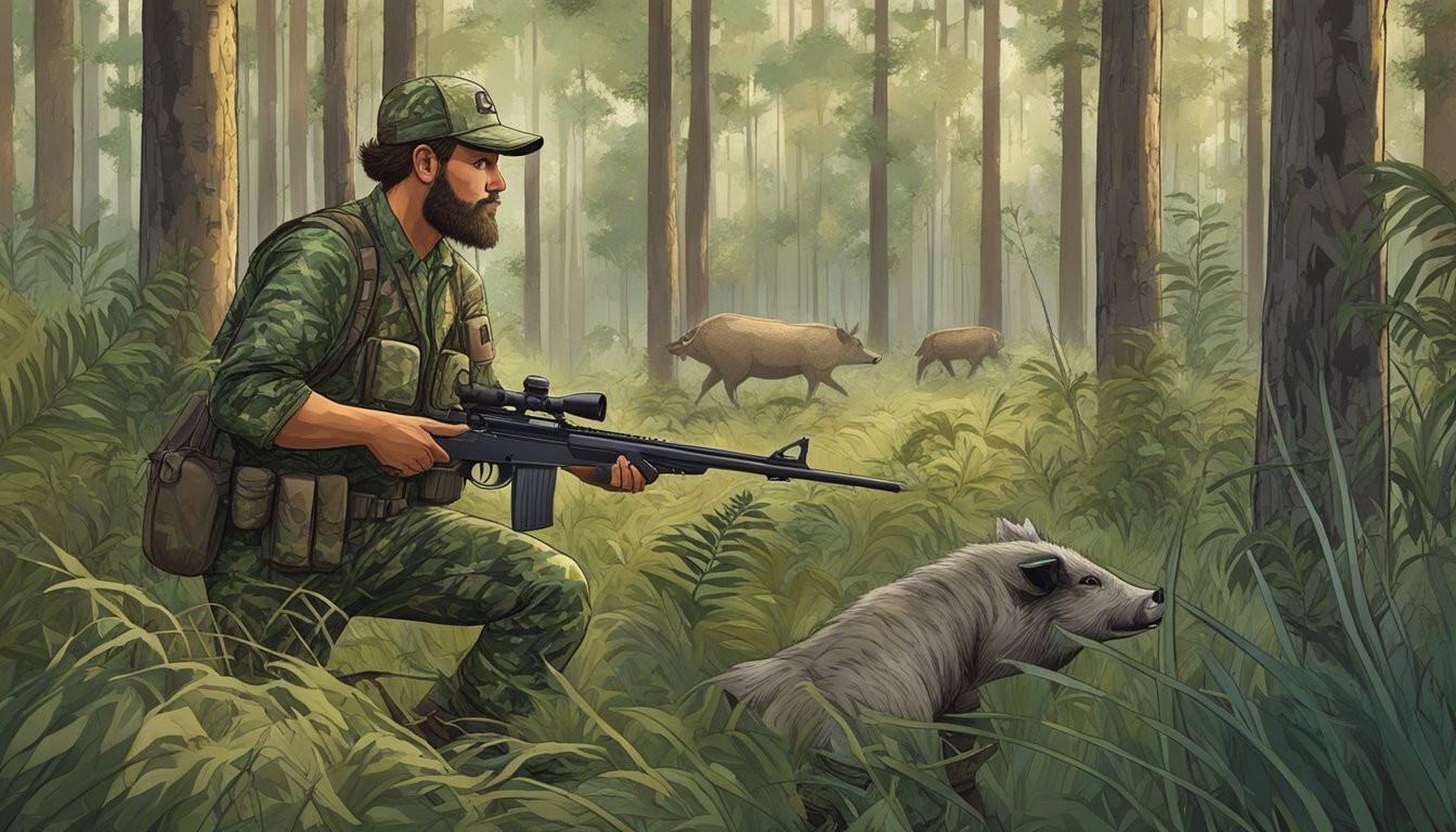 A hunter in a camouflaged outfit aims a rifle at a wild hog in a dense Mississippi forest. The hog is surrounded by tall grass and trees