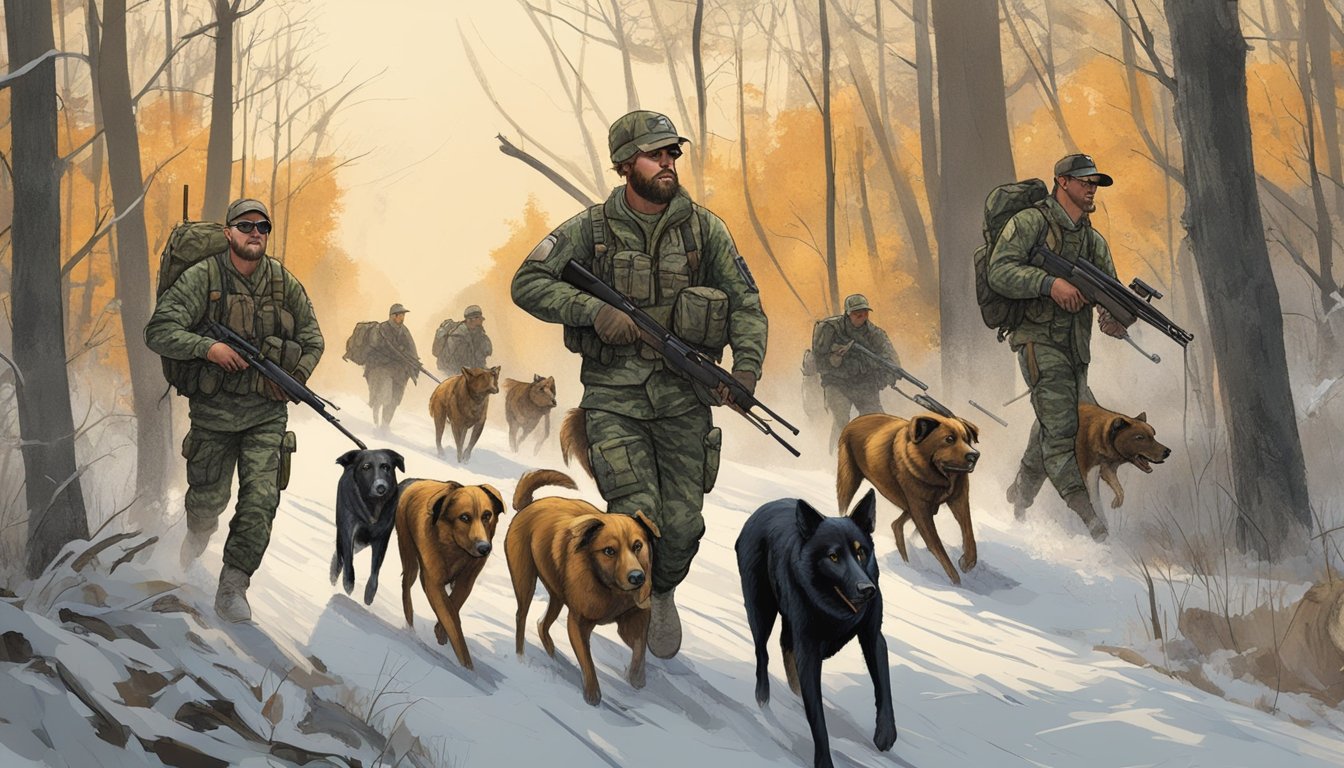 A group of hunters in camouflage gear tracking feral hogs through the dense forests of Indiana, with hunting dogs leading the way