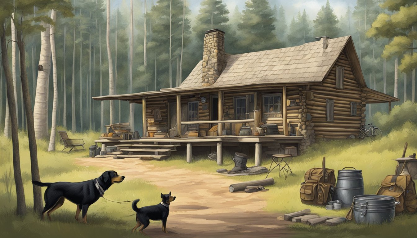 A rustic cabin nestled in the Mississippi woods, with hunting gear and dogs ready for a hog hunting adventure