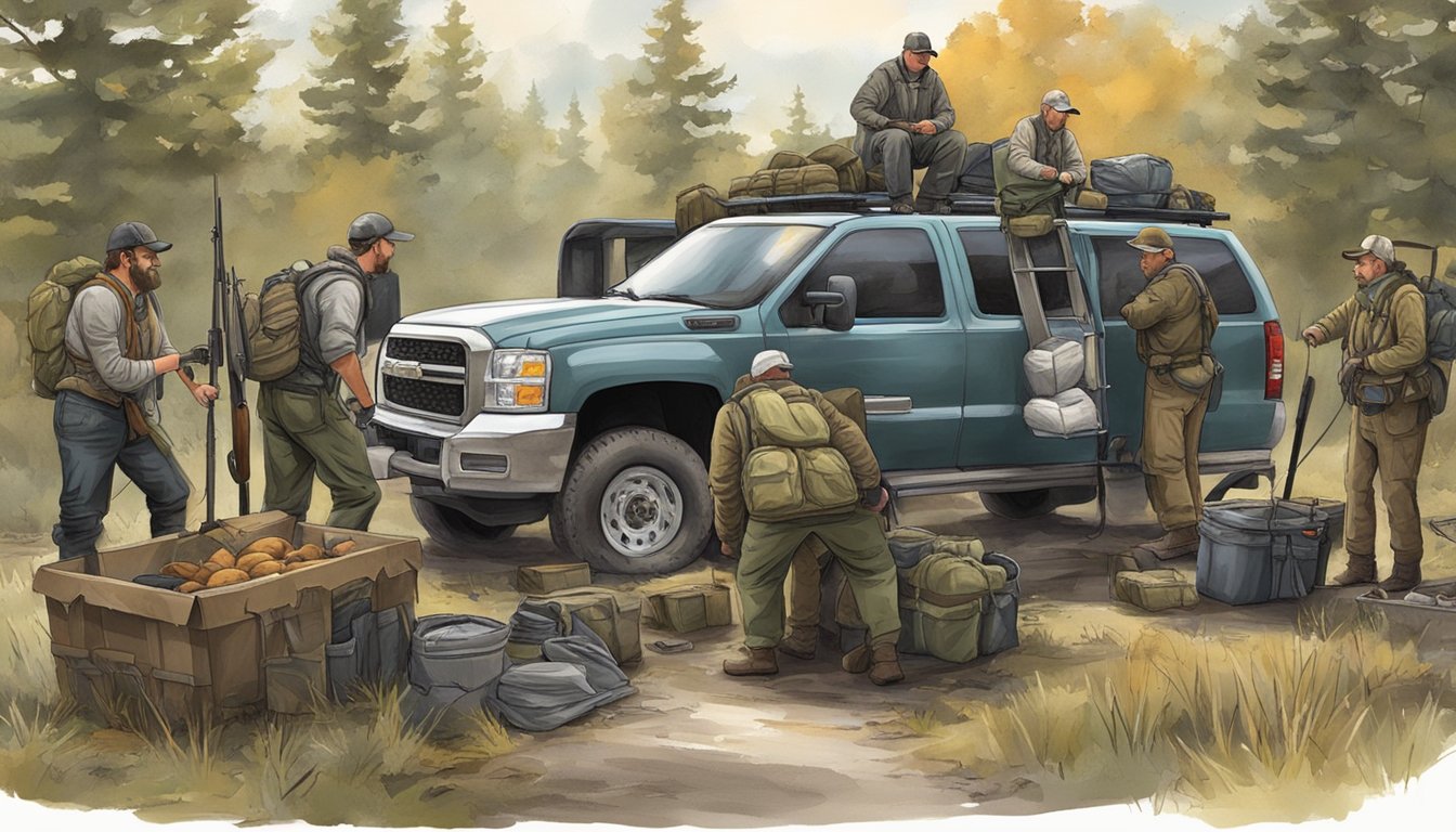 A group of hunters in Indiana prepare for a hog hunting trip, gathering their gear and loading up their vehicles with accommodations for their expedition