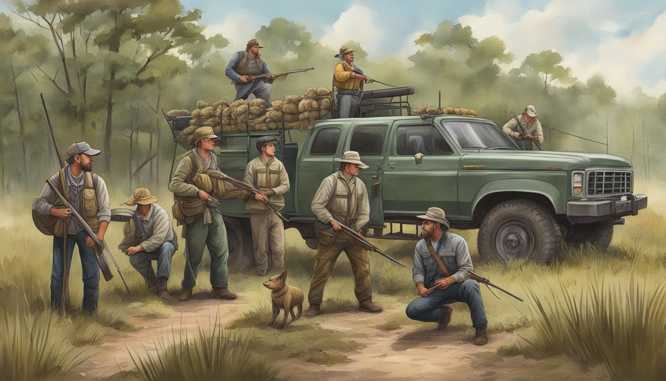 A group of landowners in Mississippi gather for a hog hunting expedition, armed and ready to support each other in the pursuit of the elusive prey