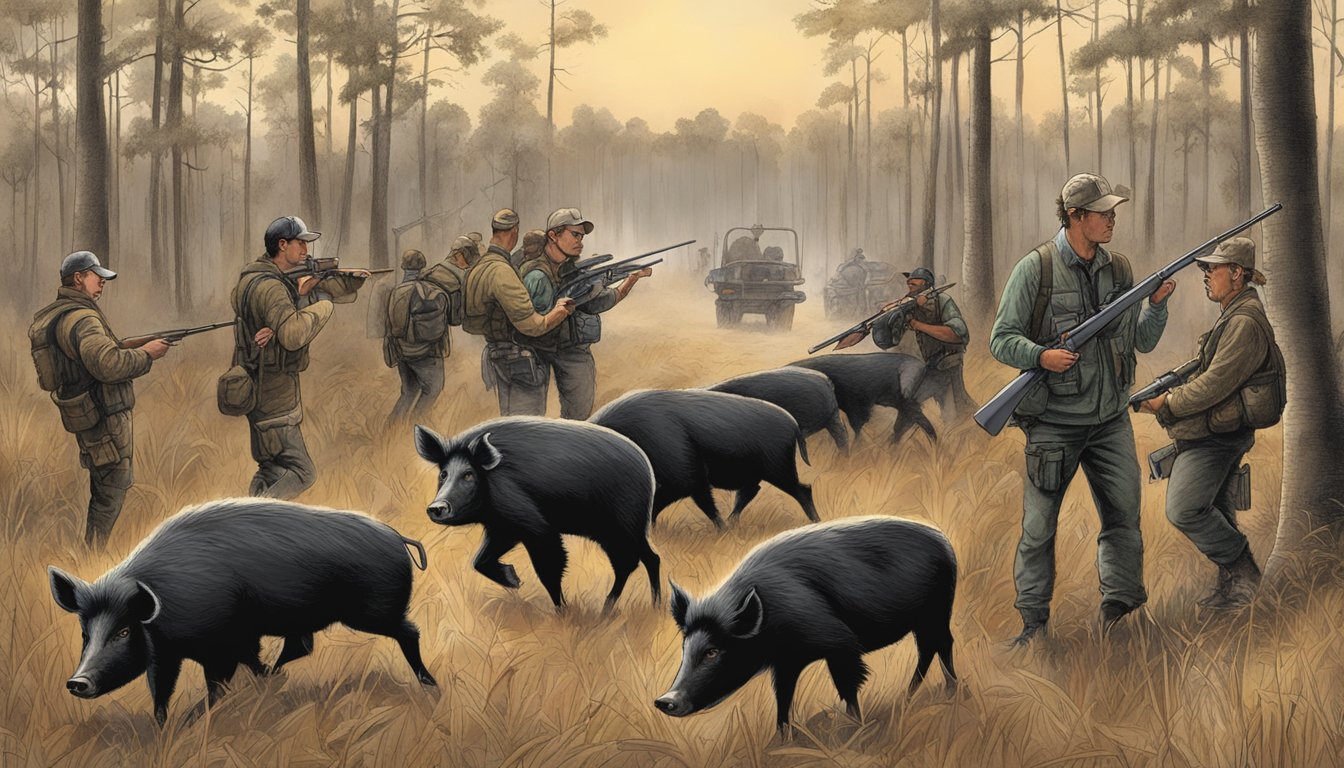 A group of hunters in Mississippi tracking and capturing wild hogs, while local businesses benefit from the economic impact of hunting activities