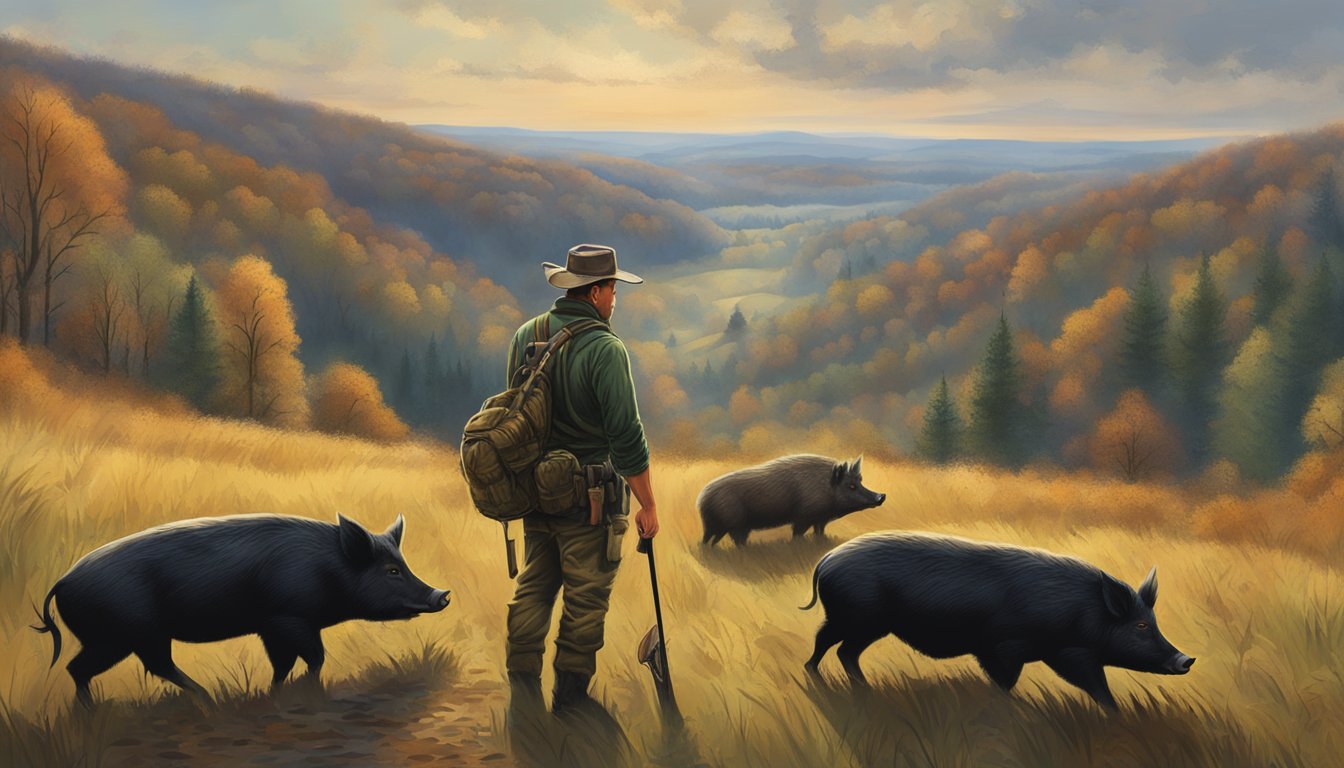 A hunter in Indiana with a successful hog hunt, surrounded by dense forest and rolling hills, showcasing the economic impact and hunting benefits