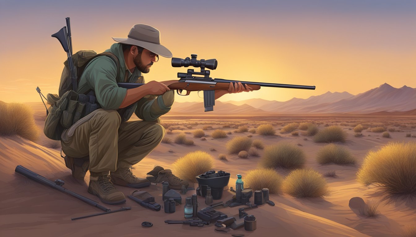 A hunter loading a rifle and checking gear in the desert at dusk