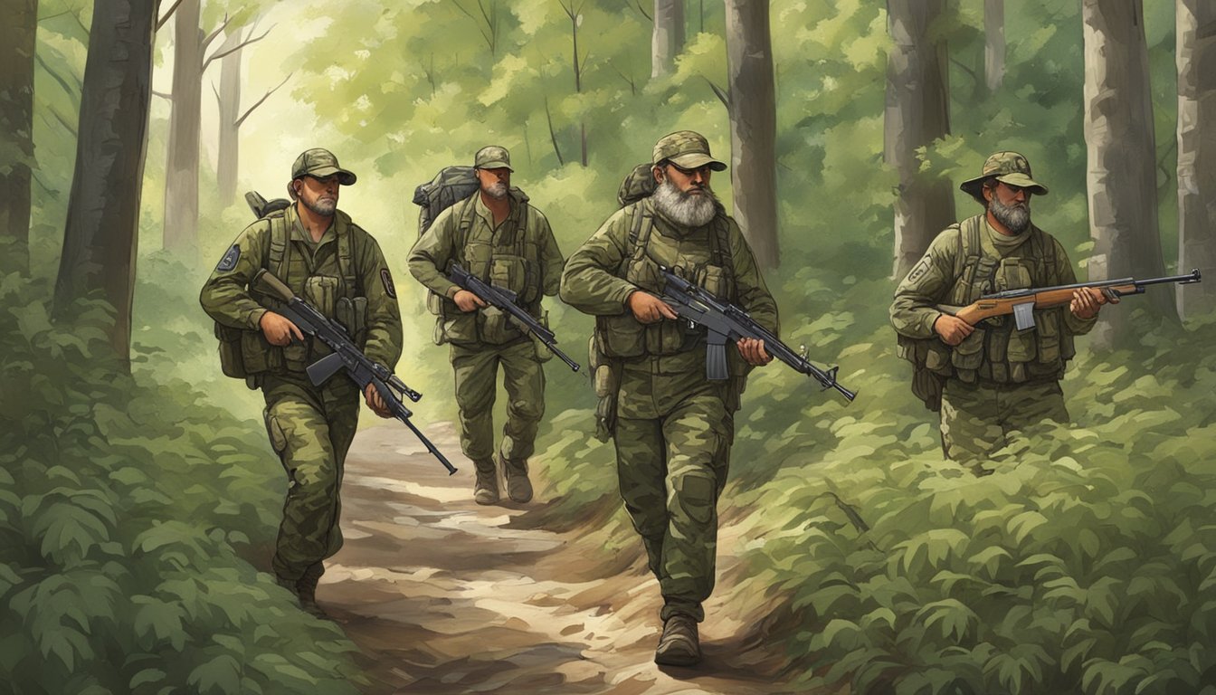 A group of hunters in camouflage gear and carrying rifles trek through the dense Indiana forest, scanning the underbrush for signs of wild hogs