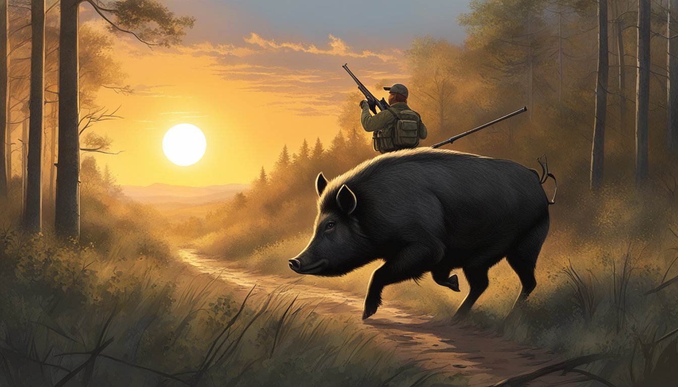 A hunter tracking a wild hog through the dense Nebraska forest, rifle in hand, with the sun setting in the background