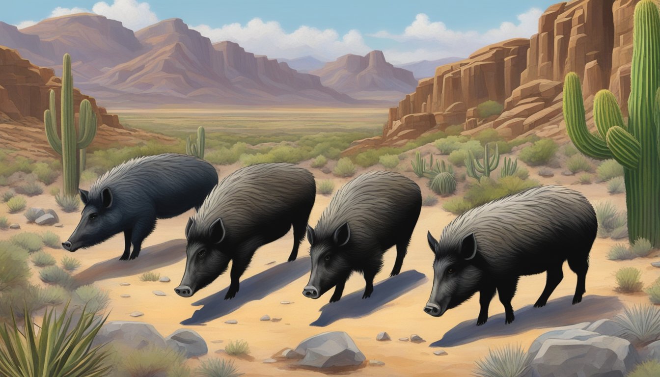 A group of wild hogs foraging in the rugged terrain of the New Mexico desert, surrounded by cacti and rocky outcroppings