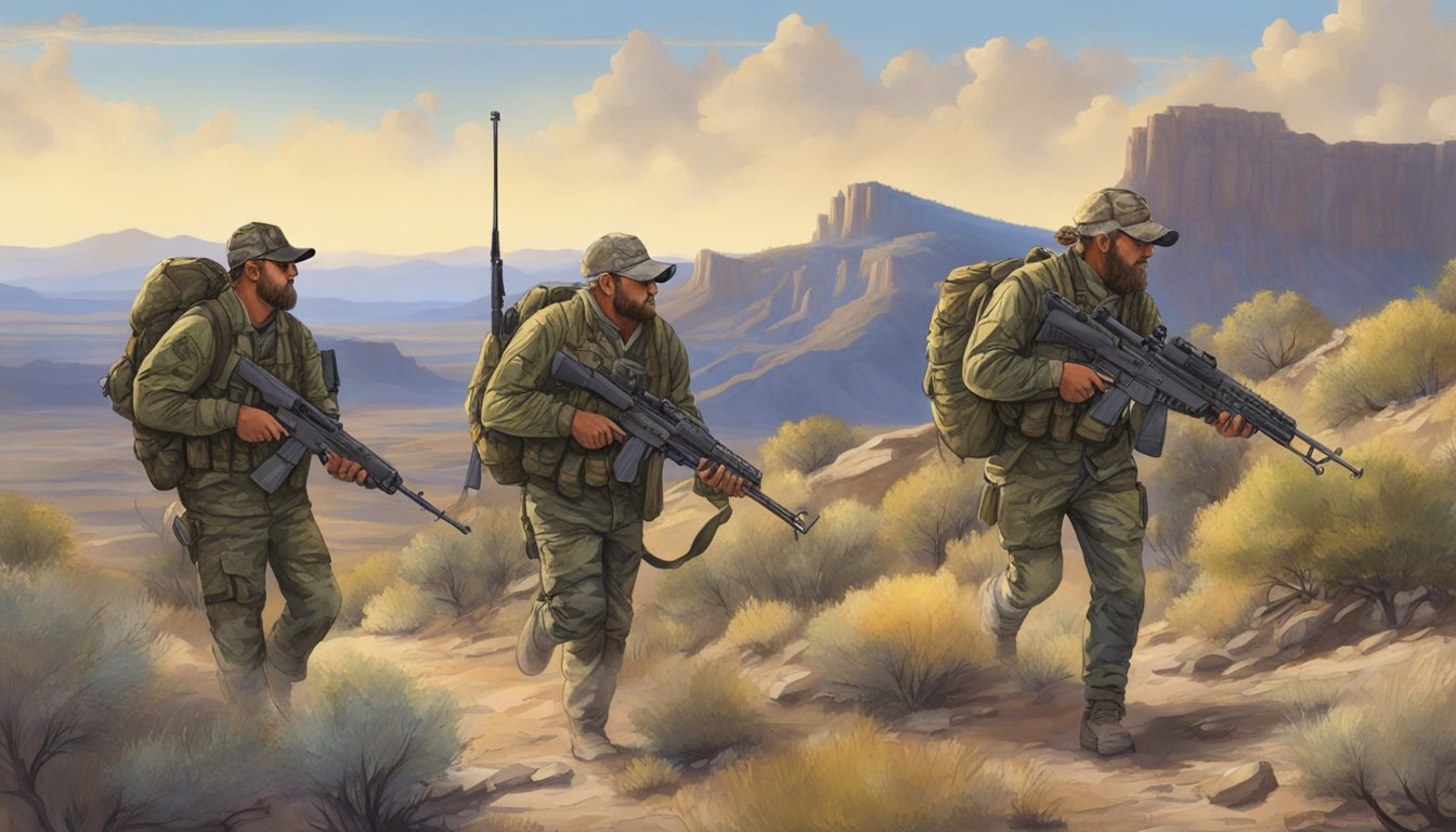 A group of hunters in camouflage gear trek through the rugged New Mexico terrain, rifles in hand, in search of wild hogs