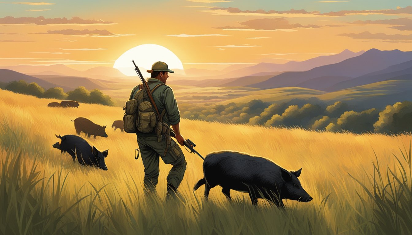 A hunter crouches in tall grass, silently tracking a group of hogs through the Nebraska wilderness. The sun sets behind the rolling hills as the hunter prepares to employ strategic tactics for a successful hunt