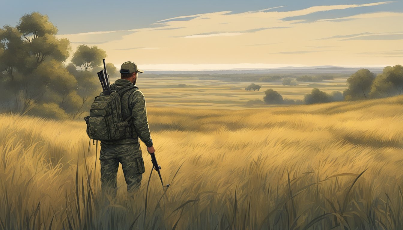 A hunter with a rifle and camouflage gear standing in a field of tall grass, scanning the horizon for wild hogs in a rural Nebraska landscape