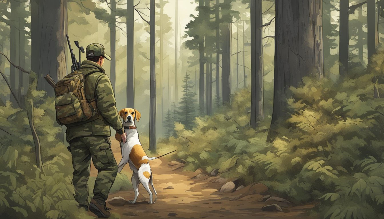 A hunter in camouflage navigating through dense forest with a hunting dog, while signs displaying hunting regulations and legal considerations are posted on trees