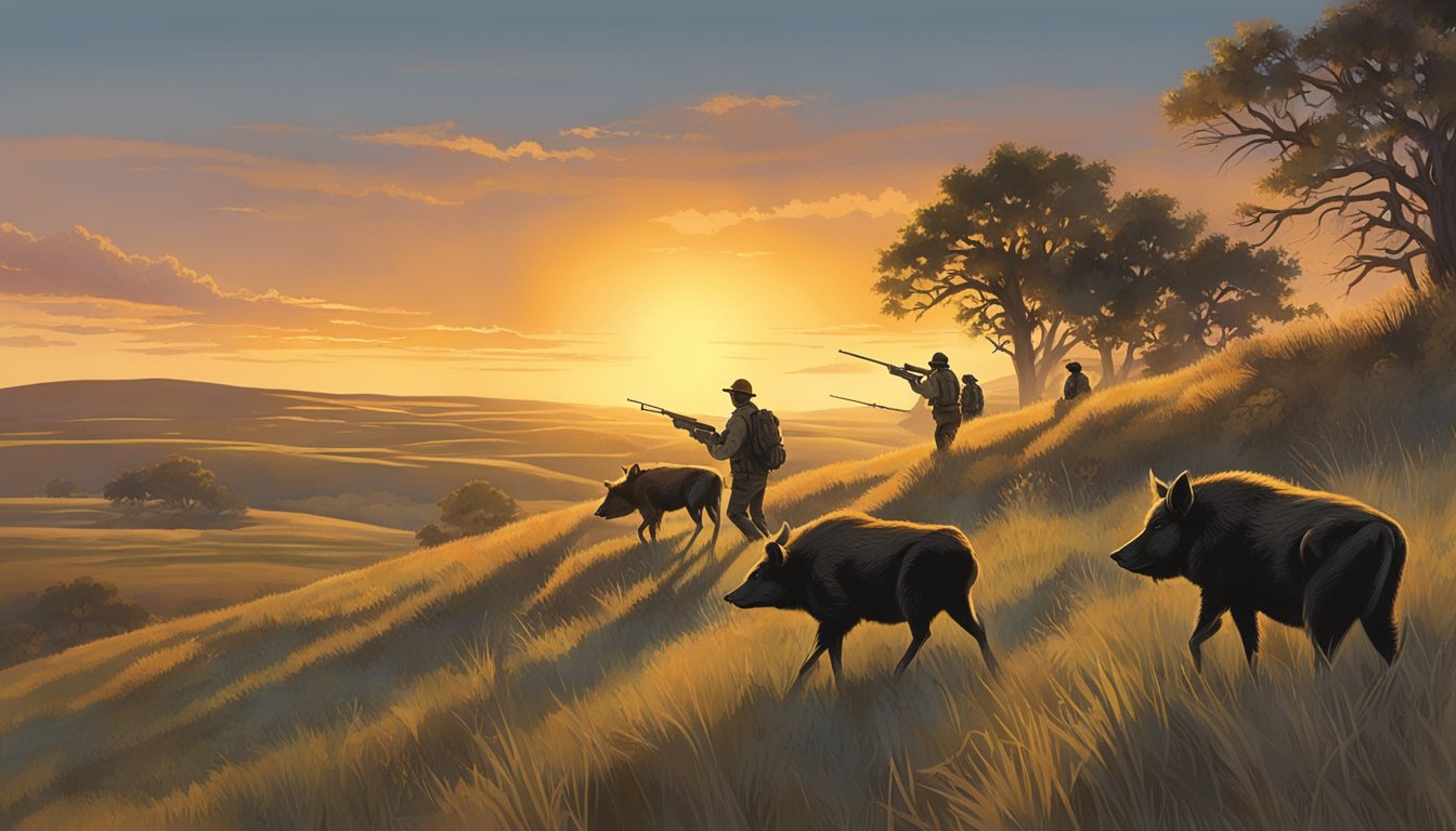 A group of hunters trek through the rugged Nebraska countryside, rifles in hand, scanning the horizon for wild hogs. The sun sets behind them, casting long shadows across the grassy plains