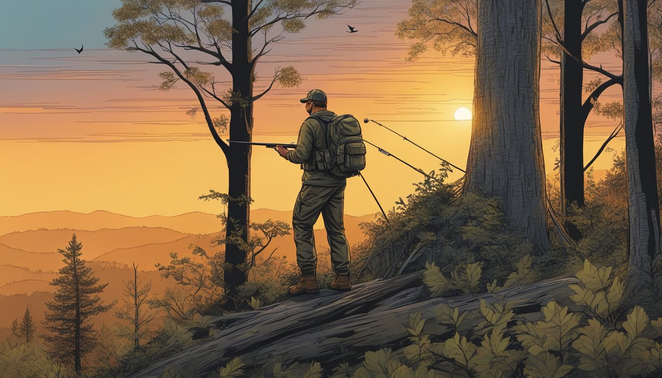 A hunter sets up a tree stand in a dense forest, with a bait pile and a trail camera nearby. The sun sets over the rolling hills of Kentucky