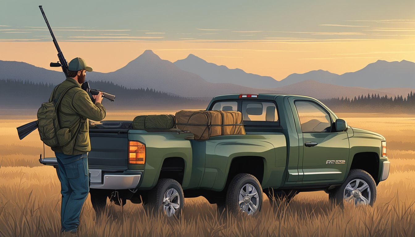 A hunter loading a rifle, standing near a pickup truck in an open field at dawn