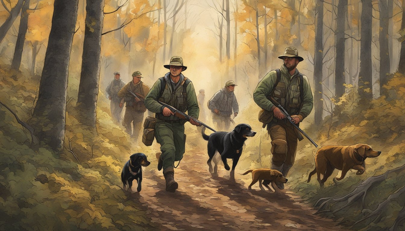 A group of hunters with dogs tracking hogs through a dense forest in Kentucky