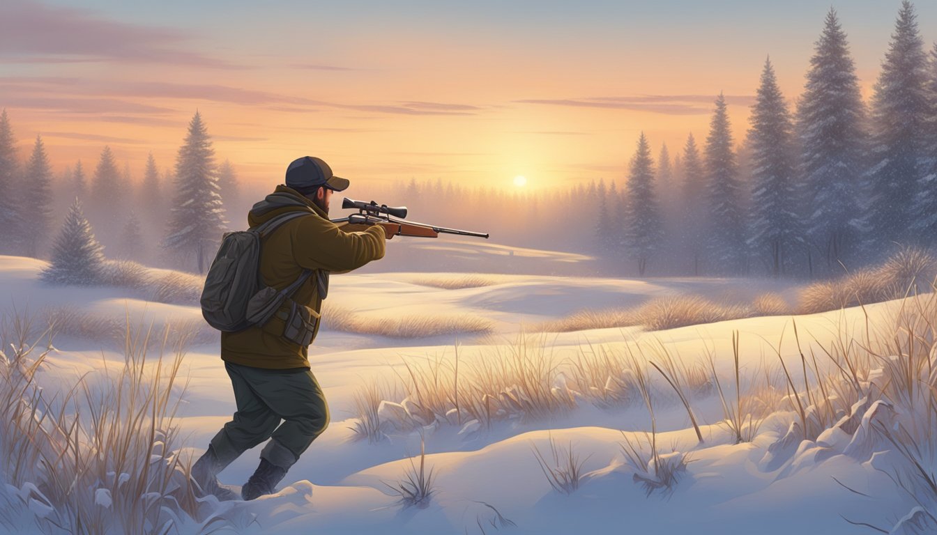 A hunter loading a rifle in a snowy field at dawn