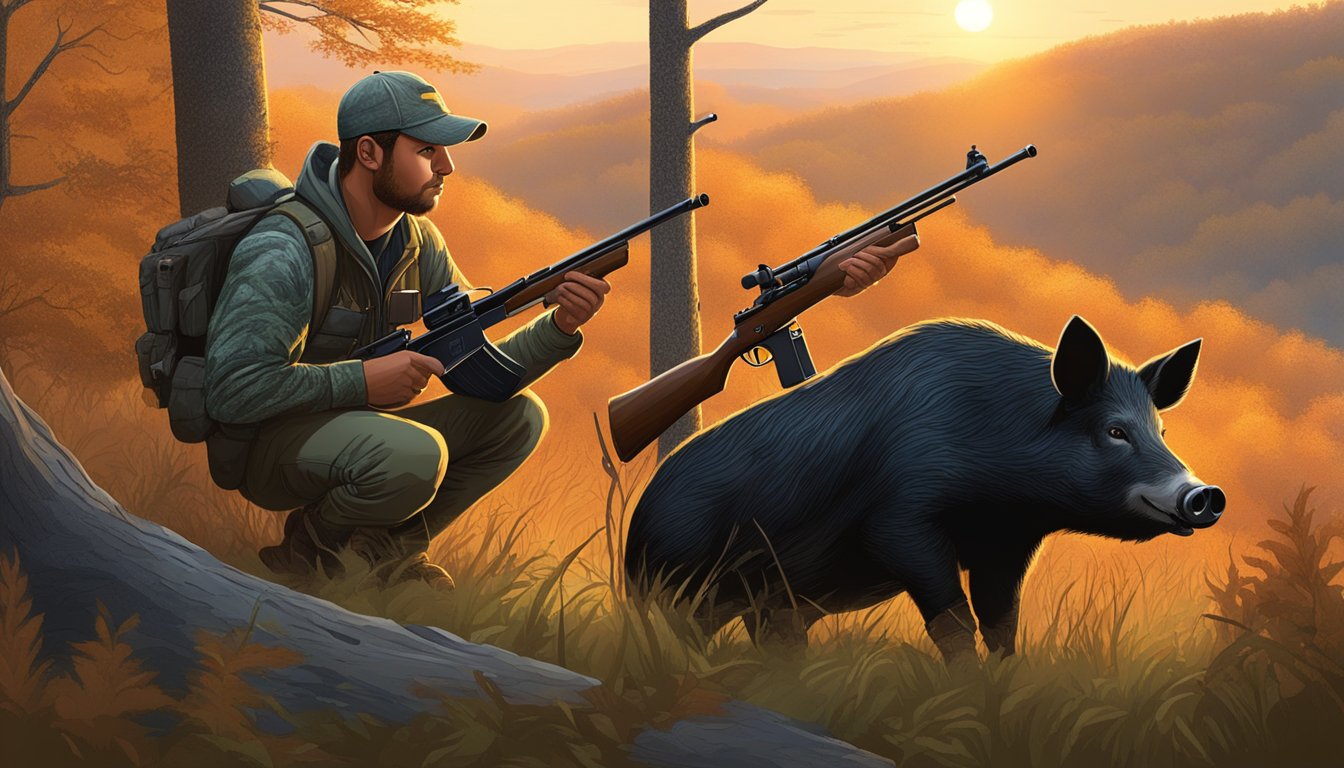 A hunter crouches in the dense Kentucky forest, aiming a rifle at a wild hog. The sun sets behind the rolling hills