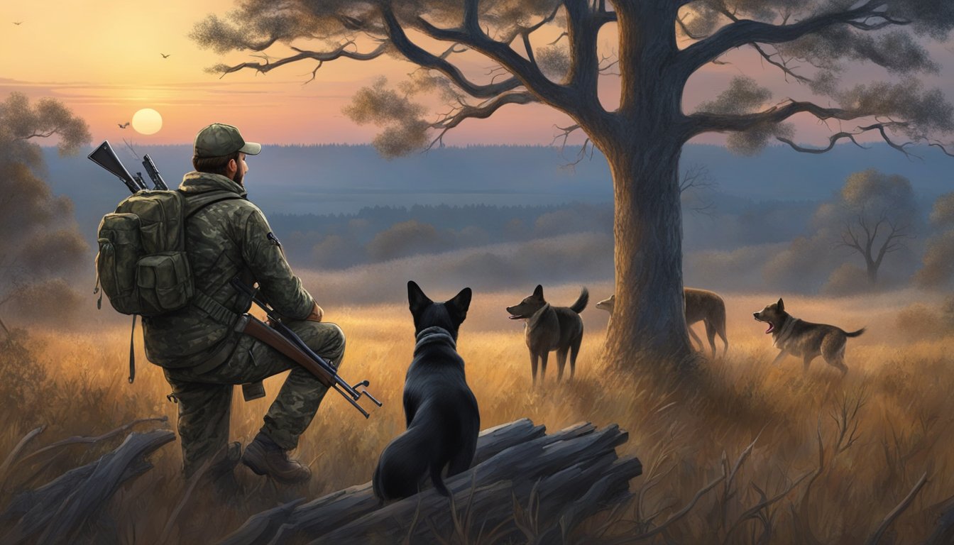 A hunter in camouflage waits in a tree stand, overlooking a field at dusk, while a pack of hunting dogs sniffs for wild hogs