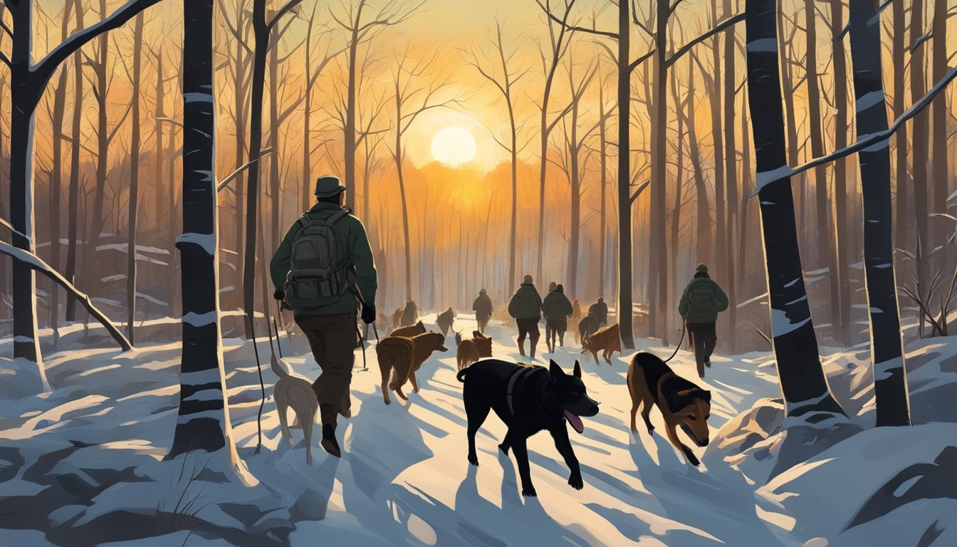 A group of hunters and dogs trek through the dense New Jersey forest, tracking a wild hog. The sun sets behind the trees, casting long shadows on the forest floor