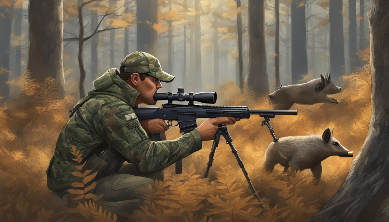 A hunter in camouflage aiming a rifle at a wild hog in the dense New Jersey forest