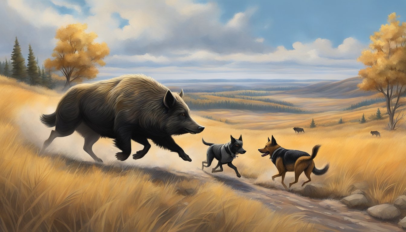 A hunter and dogs track a wild hog through the rugged North Dakota terrain, surrounded by tall grass and sparse trees