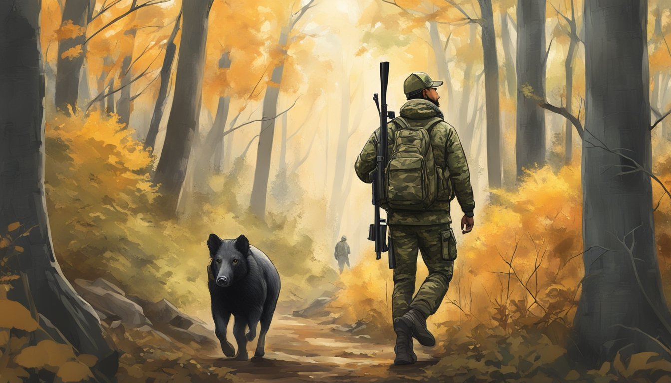 A hunter in camouflage navigating through dense New Jersey woods, carrying a rifle and scanning the area for wild hogs