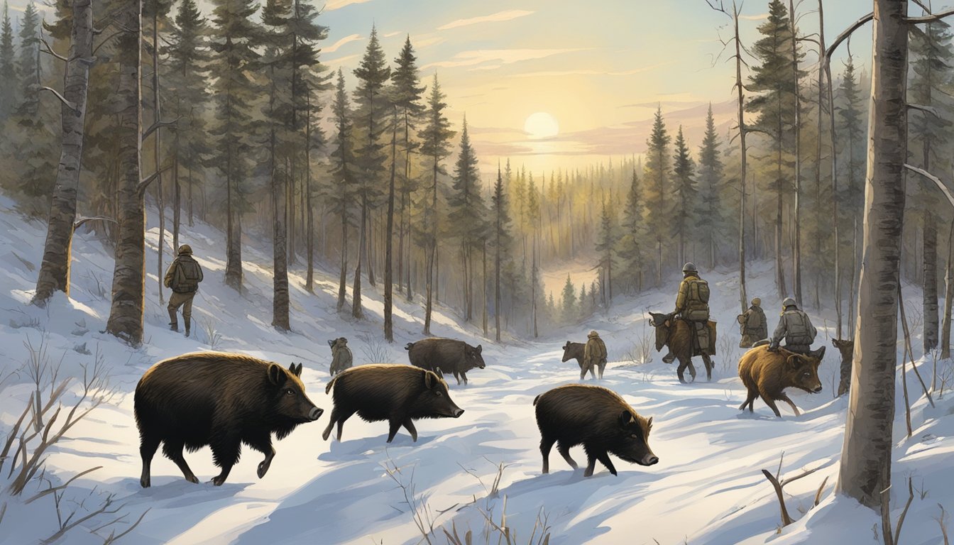 A group of hunters tracking wild hogs in the North Dakota wilderness, surrounded by dense forest and open fields