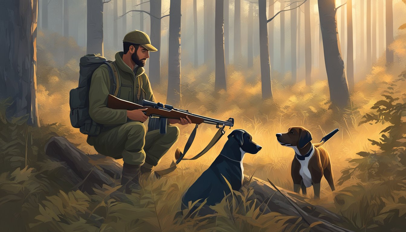 A hunter loads a rifle next to a hunting dog in a forest clearing at dawn