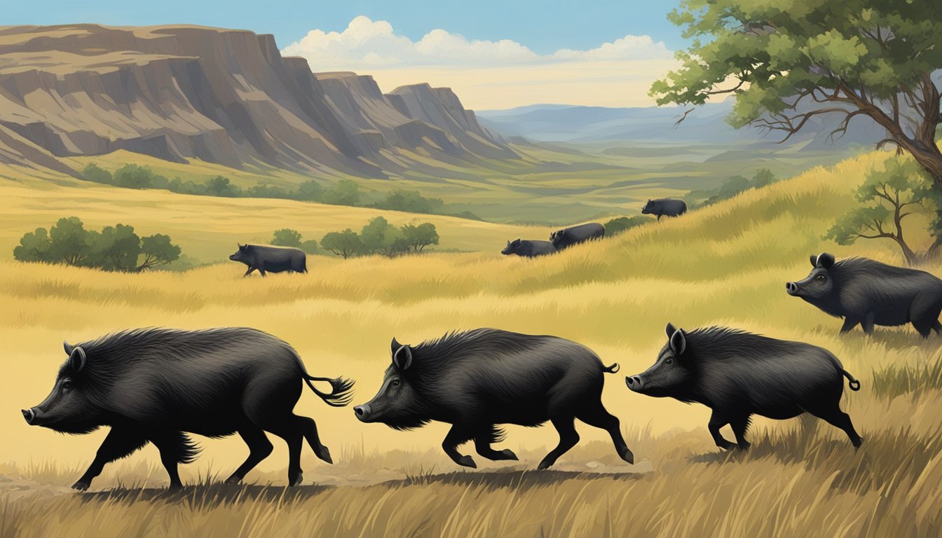 A group of wild hogs roaming through the rugged terrain of North Dakota, with rolling hills and sparse vegetation in the background