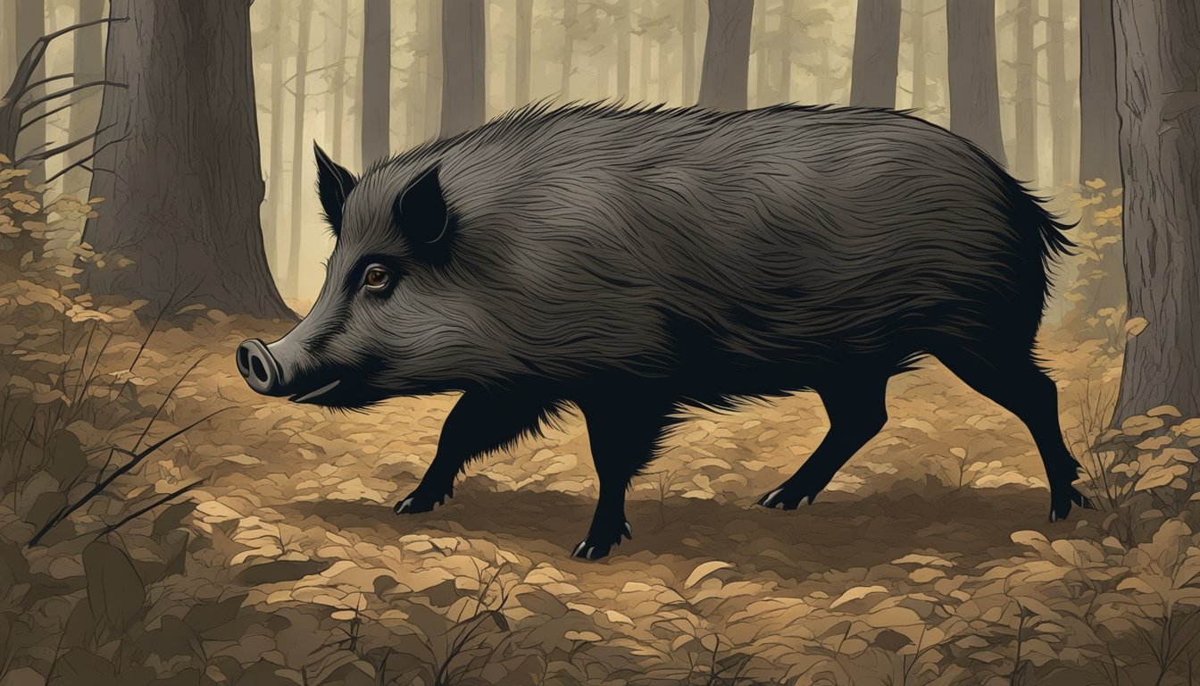 A wild hog snuffling through the underbrush in a dense Maryland forest, its coarse, dark fur blending with the earthy tones of the woodland floor