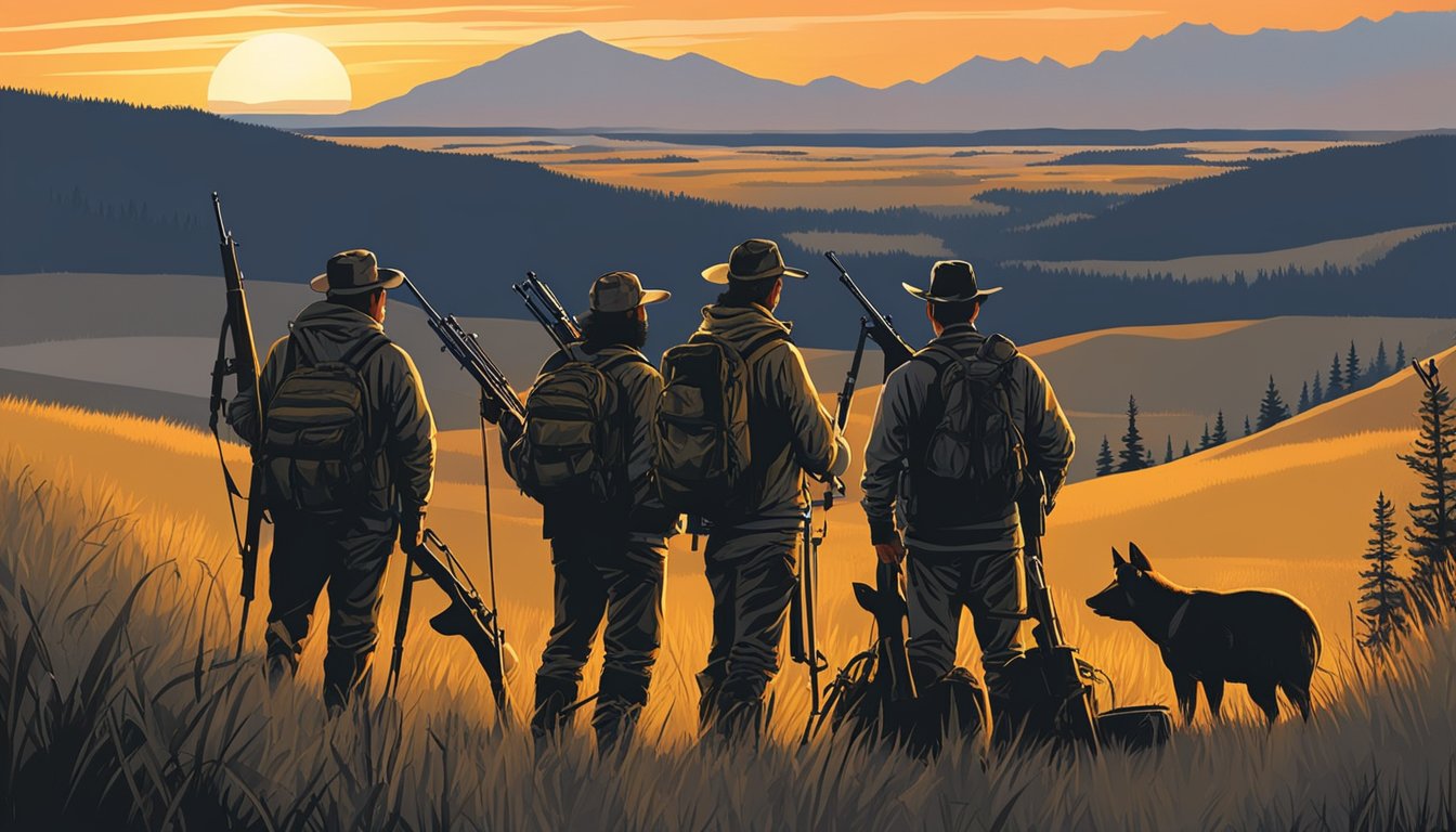 A group of hunters gather their gear and rifles before heading out into the rugged terrain of North Dakota. The sun sets behind the rolling hills as they prepare for a night of hog hunting