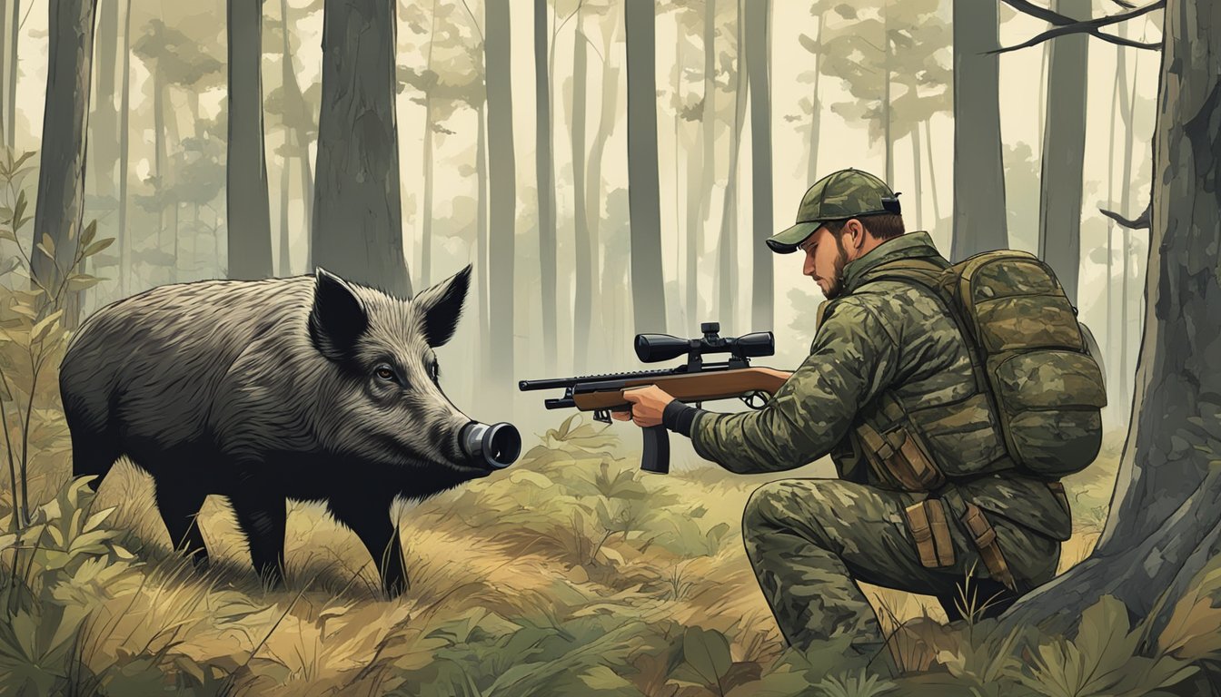 A hunter in camouflage gear aiming a rifle at a wild hog in a forest clearing