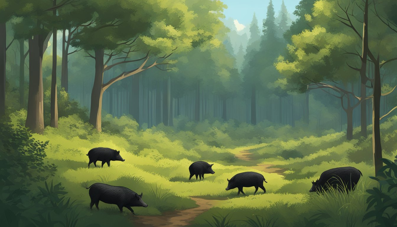 A dense forest with a clearing, where wild hogs roam freely among the trees and underbrush