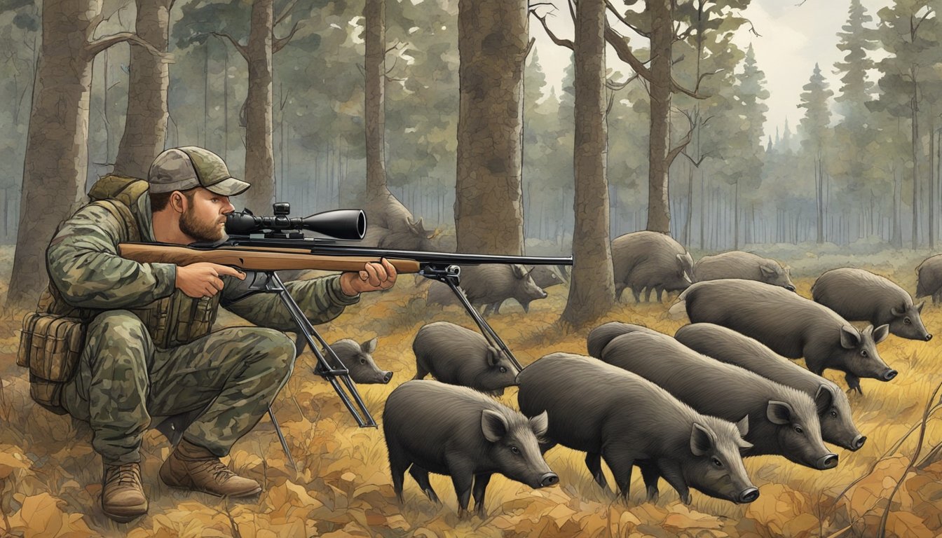 A hunter in camouflage waits in a tree stand, crossbow at the ready, as a group of hogs forage in a wooded clearing