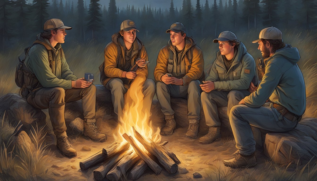 A group of young hunters gather around a campfire in the North Dakota wilderness, excitedly discussing their plans for the next day's hog hunting expedition