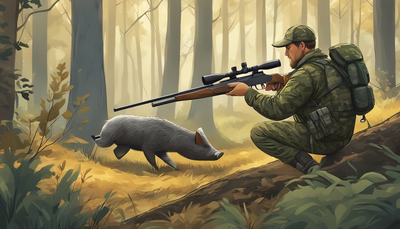 A hunter in camouflage aiming a rifle at a wild hog in a forest clearing