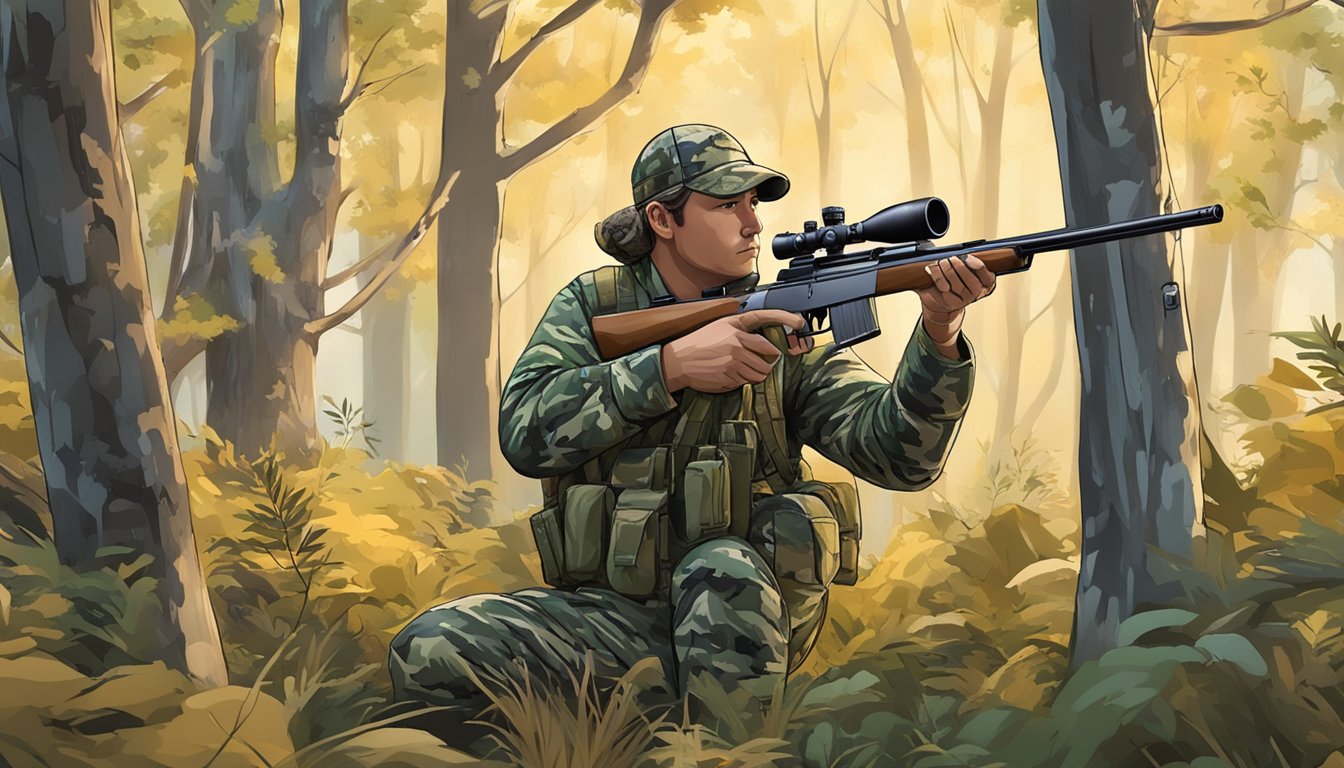 A hunter in camouflage gear loads a rifle in a wooded area, surrounded by trees and brush