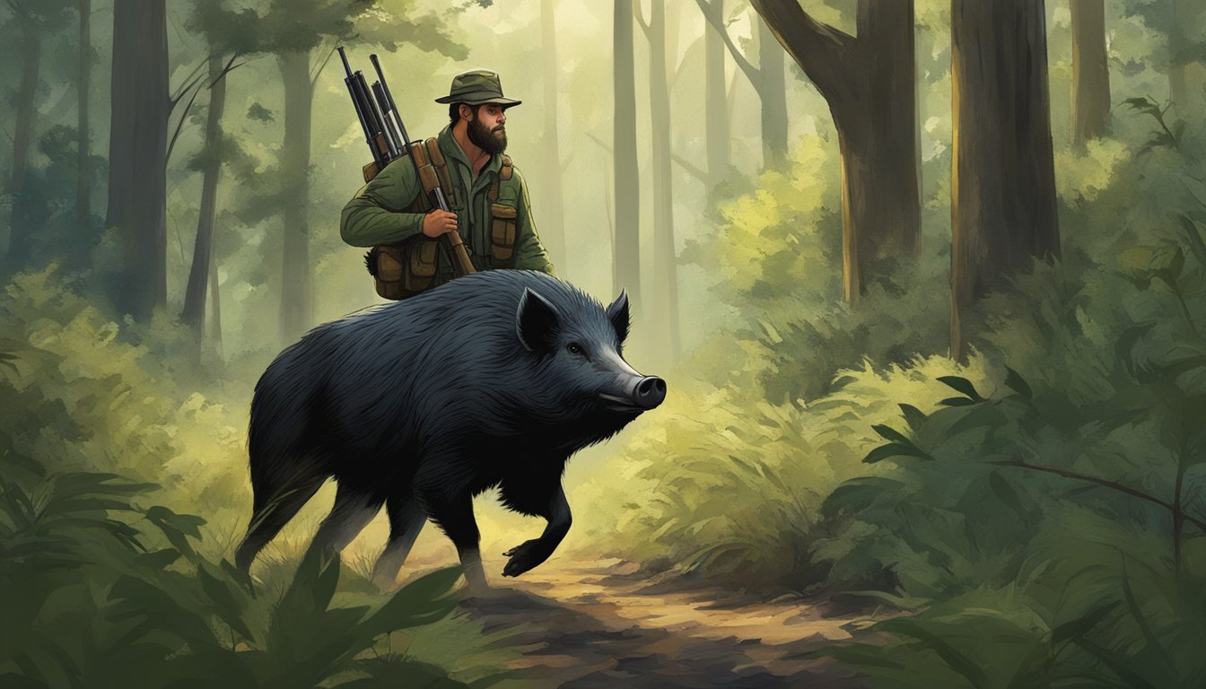 The hunter stands in a wooded area, surrounded by tall trees and thick underbrush. In the distance, a wild hog can be seen moving through the dense foliage