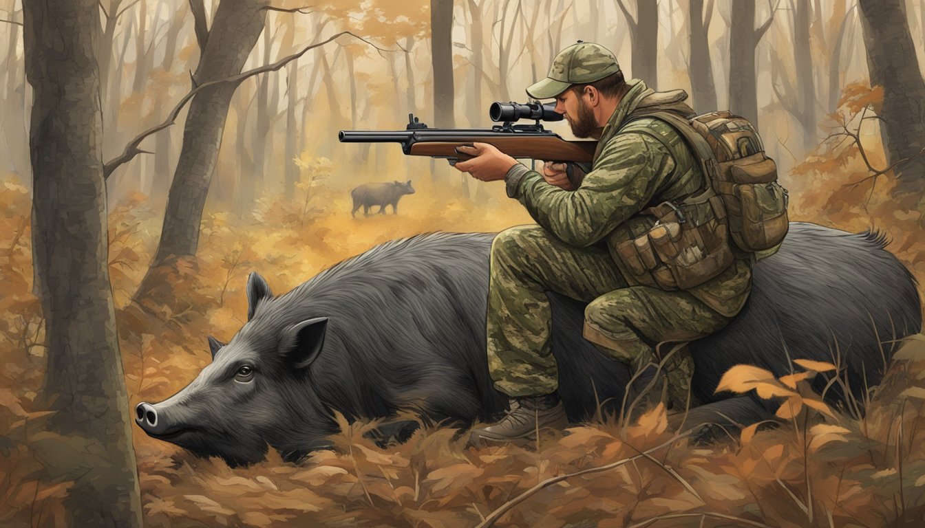 A hunter in camouflage aims a rifle at a wild hog in a wooded Maryland hunting preserve