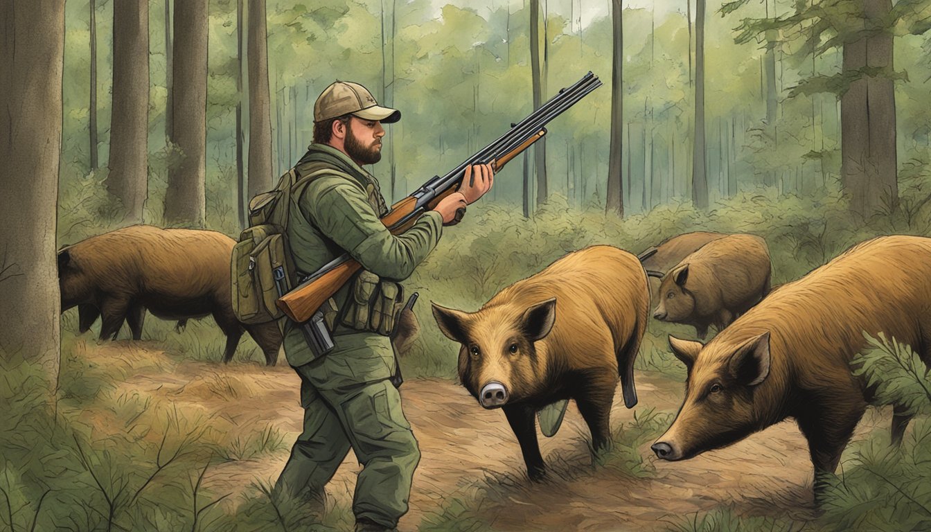 A hunter in Maryland participates in wildlife conservation by hunting hogs in a wooded area