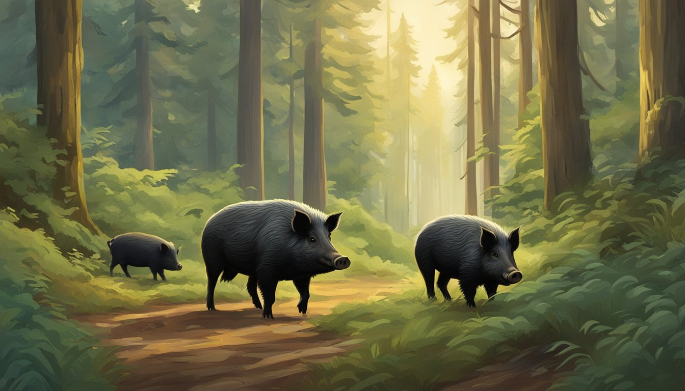 A group of hogs roam freely in the lush Oregon forest, foraging for food amidst the tall trees and dense underbrush