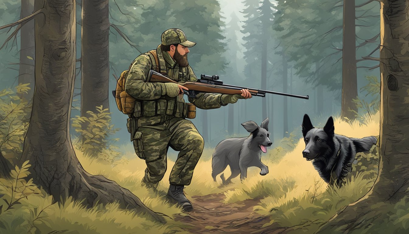 A hunter in camouflage with a rifle and hunting dog tracking a wild hog in the dense Oregon forest