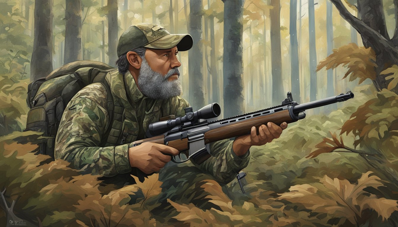 A hunter in camouflage aims a rifle at a wild hog in a dense forest in North Carolina