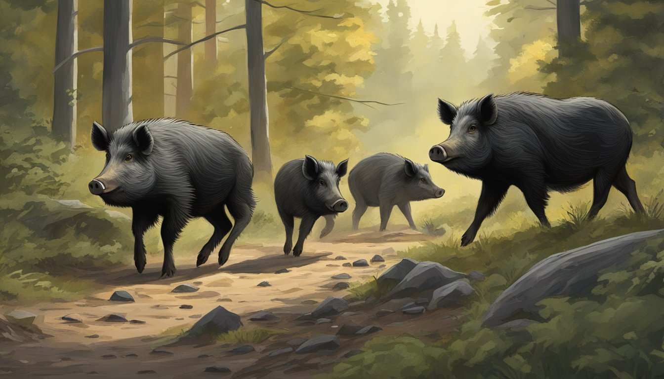 A group of wild hogs roam through a dense forest in Minnesota, foraging for food and leaving behind evidence of their presence