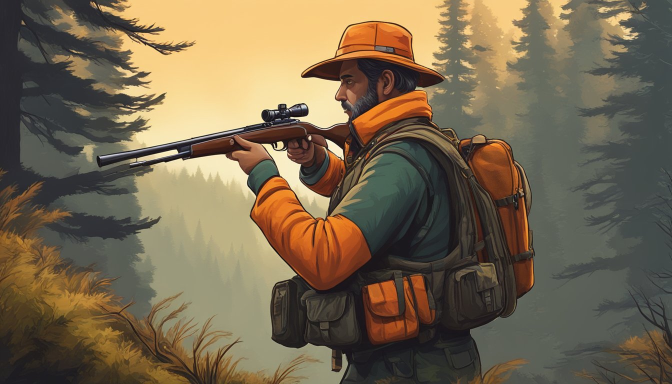 A hunter in orange vest and hat, carrying a rifle, cautiously navigates through dense Oregon forest at dusk