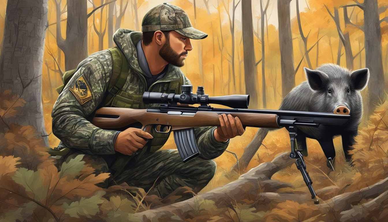 A hunter in camouflage aims a rifle at a wild hog in a wooded area of Minnesota