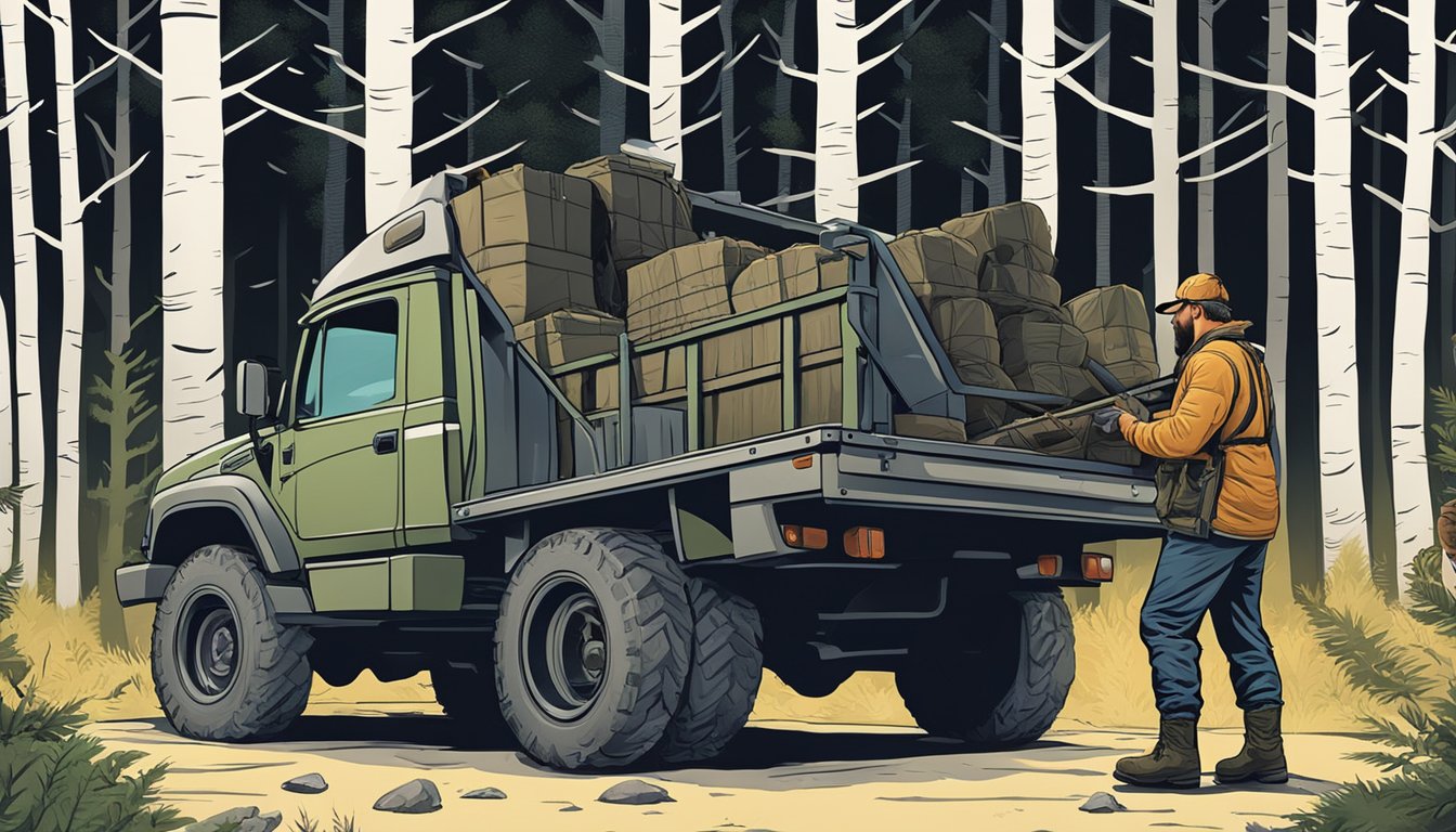 A hunter loading gear into a truck before dawn in a forest clearing