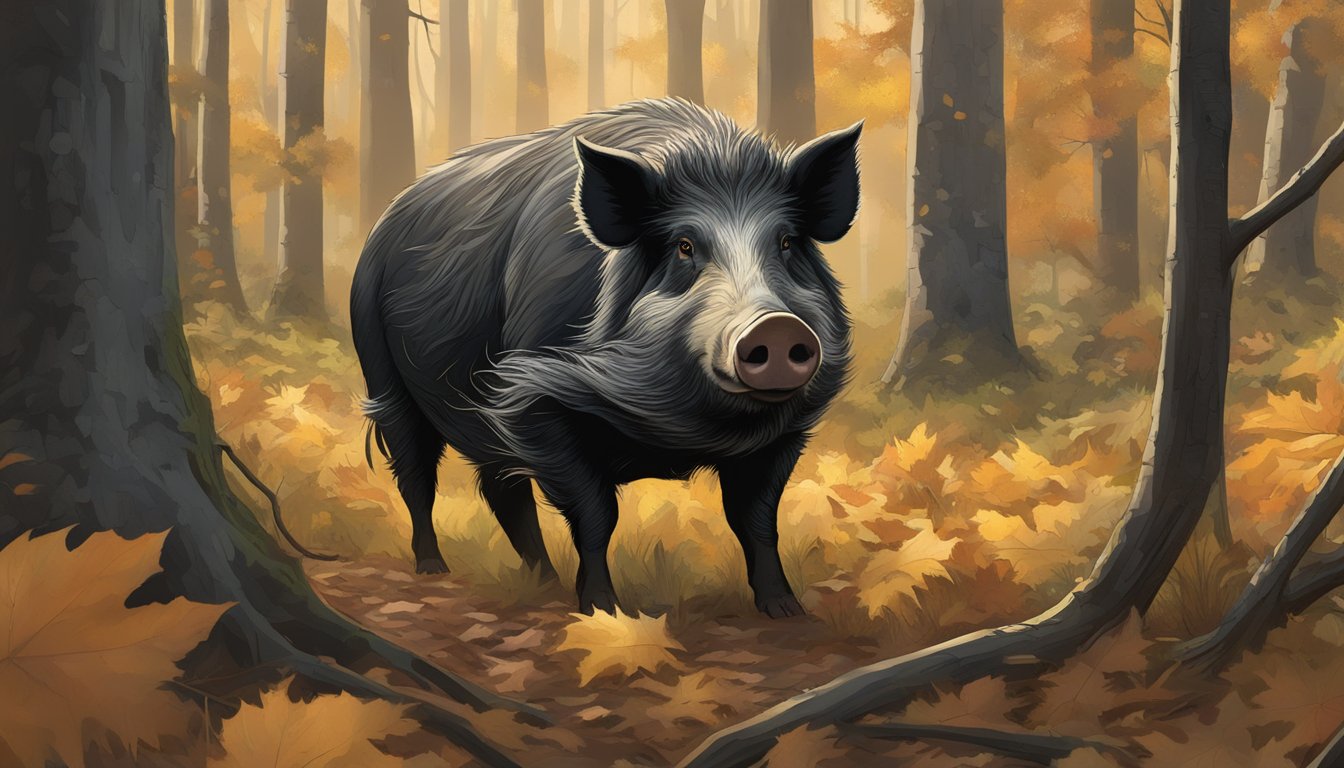 A feral swine hog rooting in Minnesota's dense forest, surrounded by fallen leaves and towering trees