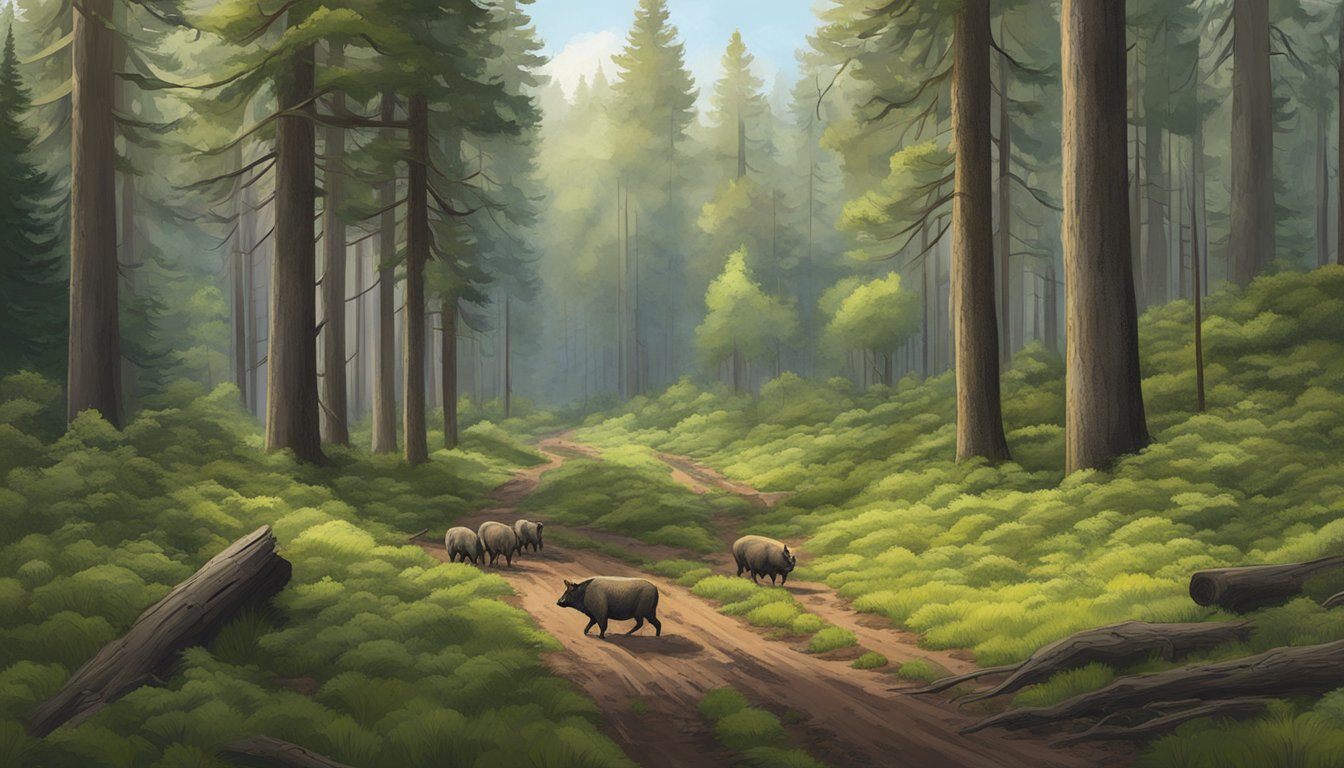 A dense forest clearing in Oregon, with scattered shrubs and muddy tracks, offering prime hog hunting opportunities