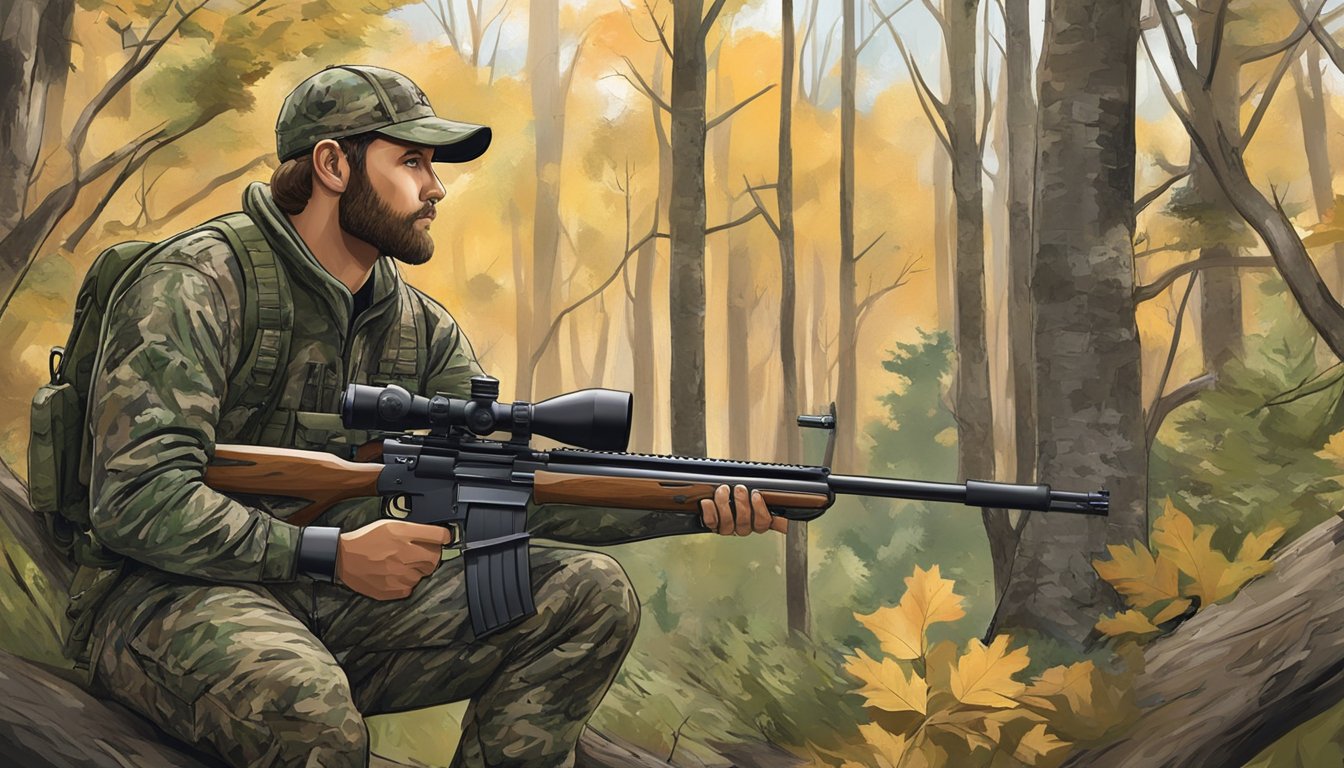 A hunter in camouflage waits in a tree stand overlooking a wooded area, with a rifle at the ready